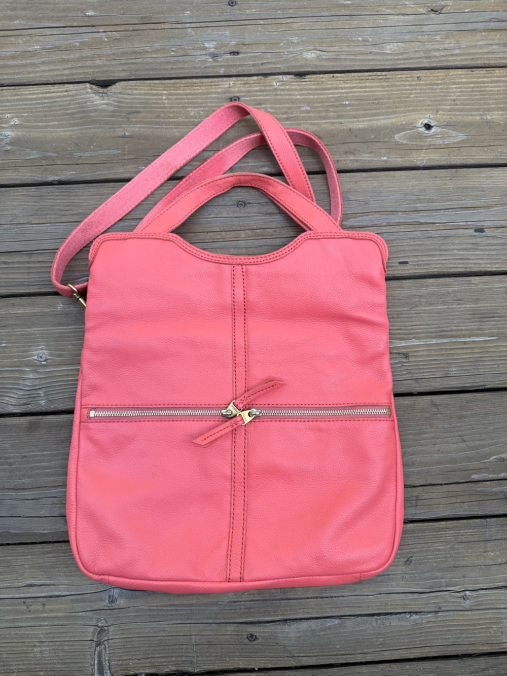Women’s Coral Leather Tote Bag with Front Zip Pocket